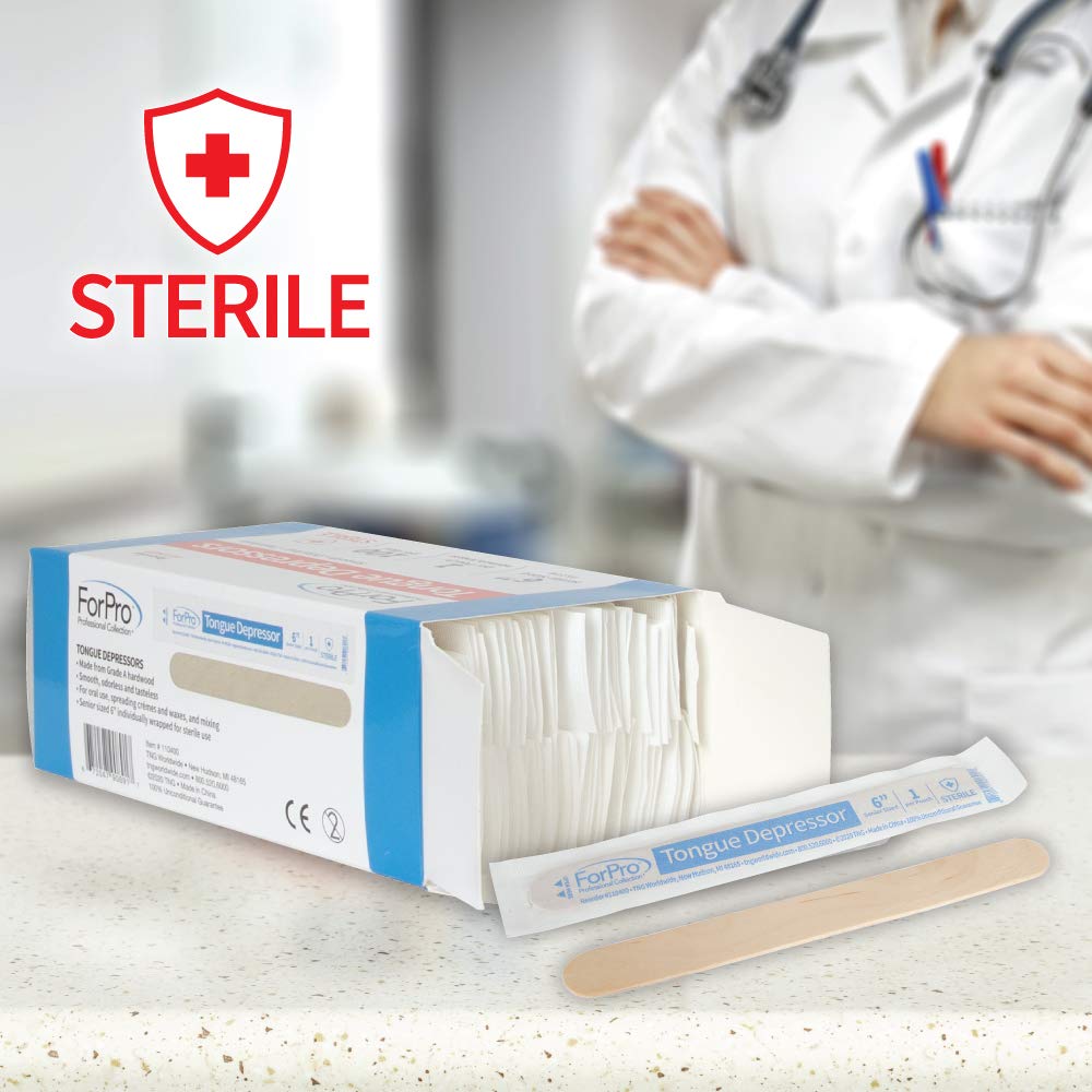 ForPro Professional Collection Senior Tongue Depressors, Large Wax Applicator Sticks, 6" Senior Sized, Sterile, Individually-Wrapped, 100-Count"