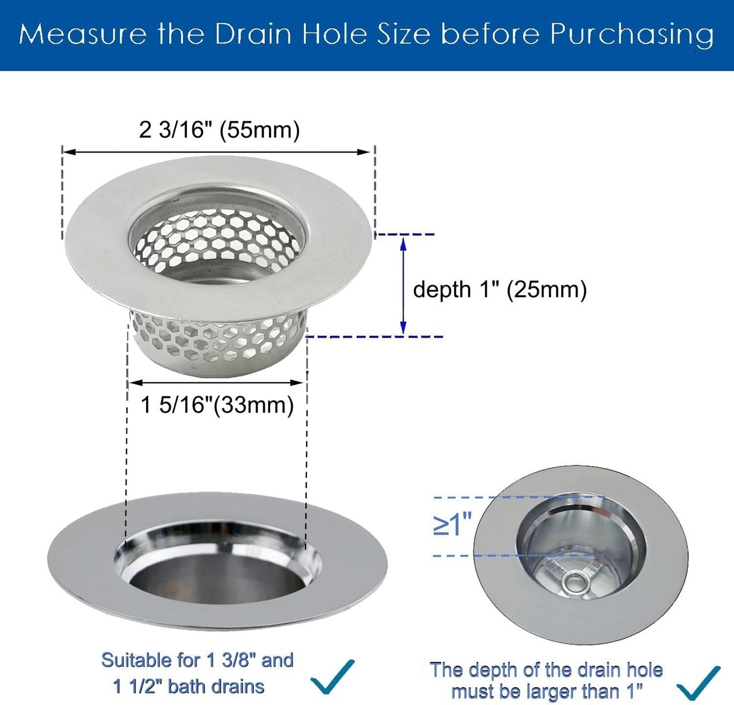 Bathtub Drain Cover, Bathtub Strainer, Drain Hair Catcher for Bathtub Laundry Utility Sink, Fit Hole Size 1.5" and Depth More Than 1" (3-Pack)