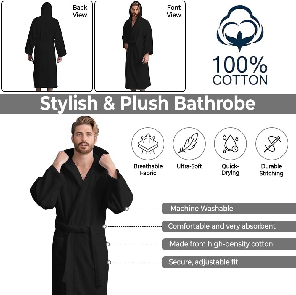 Men’s Hooded Bathrobe, 100% Cotton Terry Bathrobe, Spa Style Bath Robe, Absorbent Shower Robe, Lightweight Towel Bathrobes