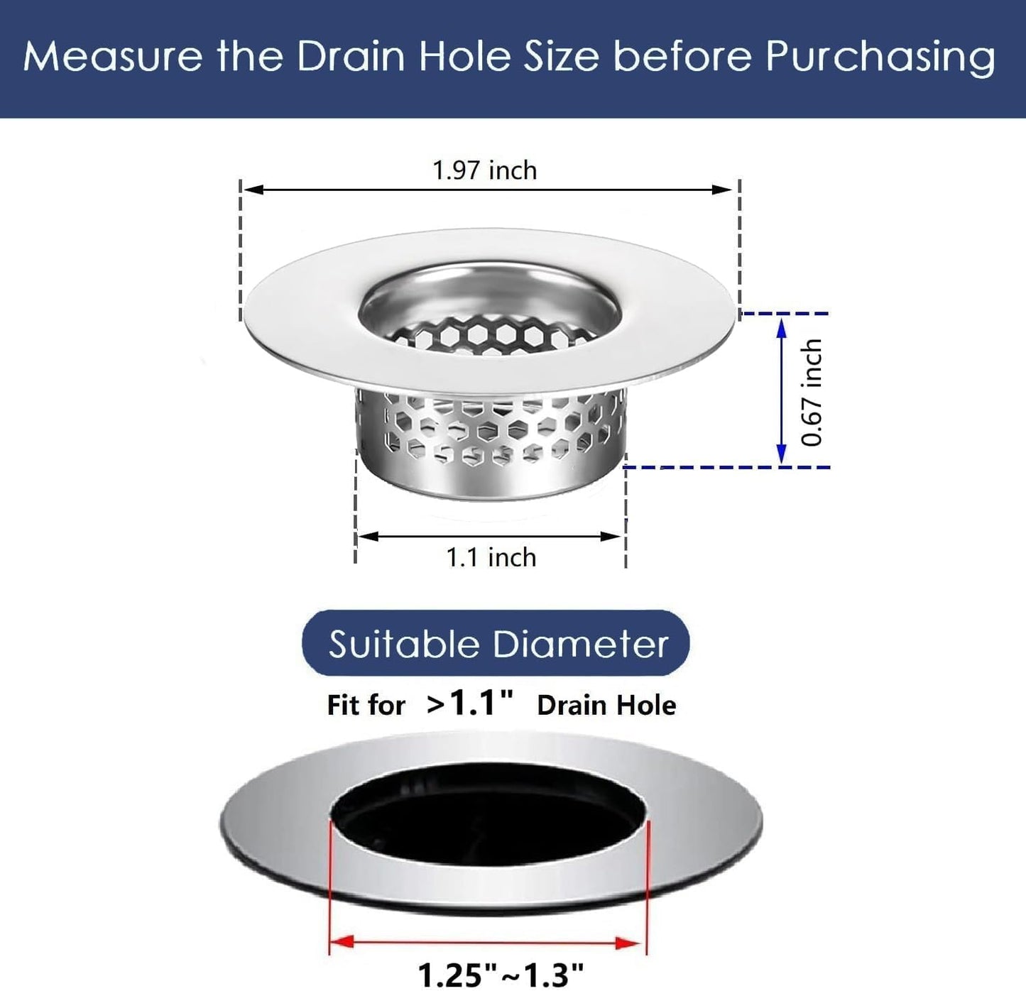 Bathroom Sink Strainer (3 Pack), Bathtub Drain Cover Lavatory Sink Drain Strainer Hair Catcher for Laundry Utility RV Sink, Stainless Steel Drain Filter. Fit Hole Size from 1.25" to 1.3"