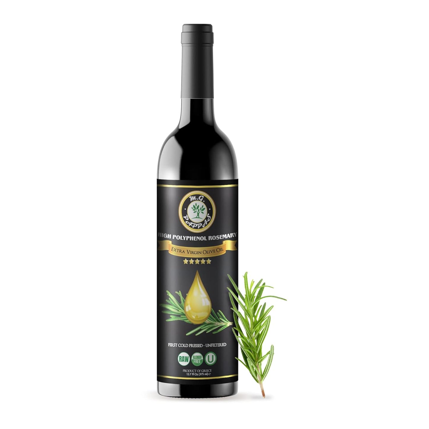M.G. PAPPAS Rosemary Infused Olive Oil - High Polyphenol Rich Extra Virgin Olive Oil Unfiltered - Polyphenol Lab Report 650mg/kg - Cold Pressed Greek EVOO Award Winning - Rosemary Oil Cooking 12.7 Oz