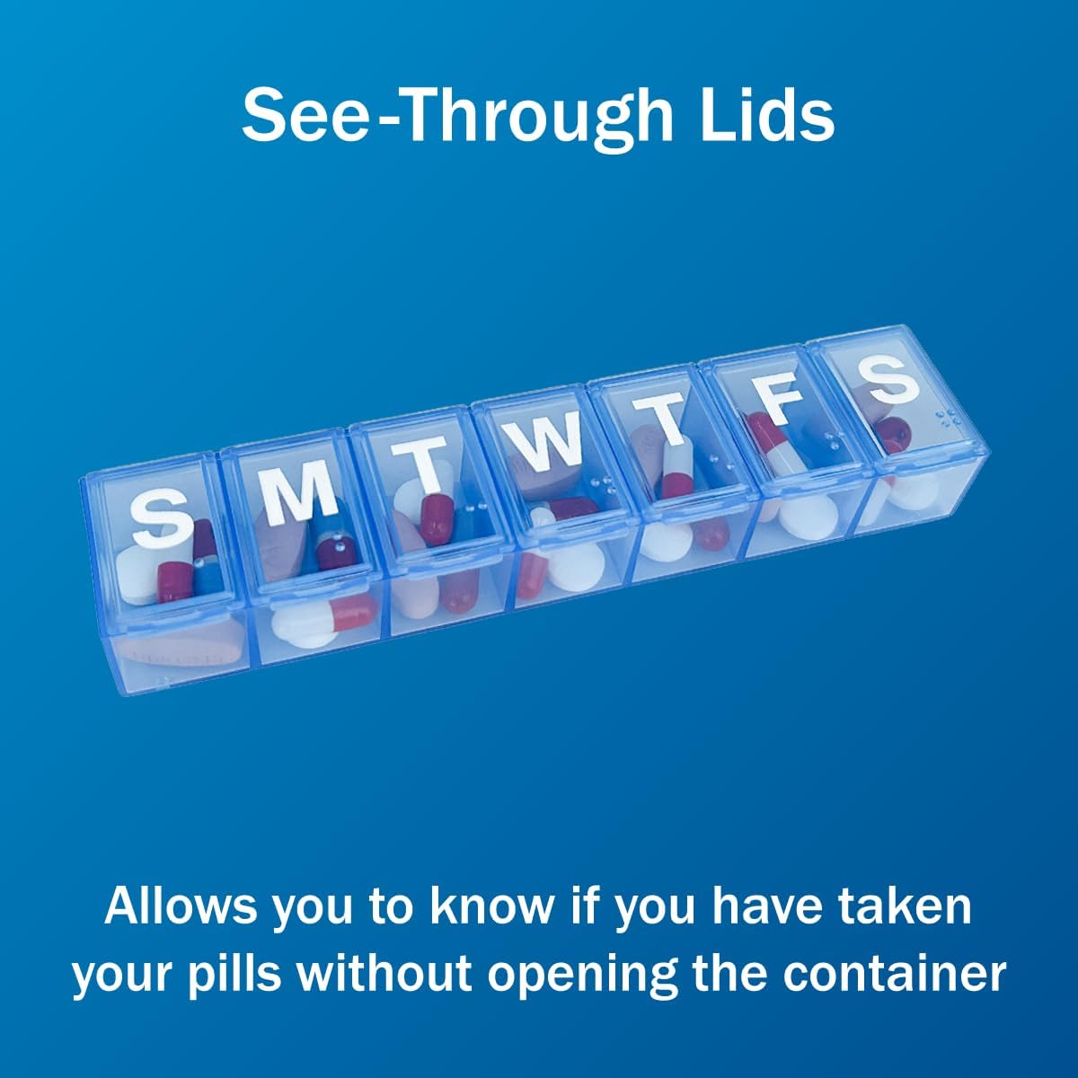 Amazon Basic Care Weekly (7-Day) Pill Organizer, Vitamin Planner, And Medicine Box, Medium Compartments, Blue