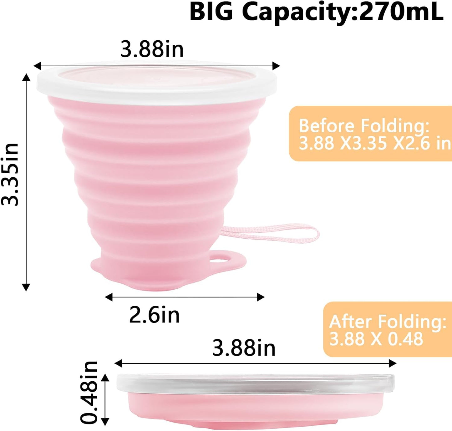 Litoexpe 2 Pack Silicone Collapsible Travel Cup Portable Folding Camping Cup Sets with Lids, Pink & Purple, Capacity 9.22oz (270ml)
