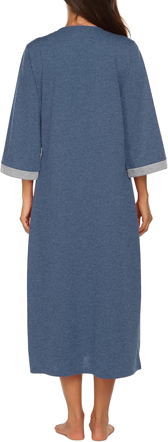 Ekouaer Women Zipper Robe 3/4 Sleeves Loungewear Dress Full Length Sleepwear Pockets Housecoat Nightgown Long Bathrobe