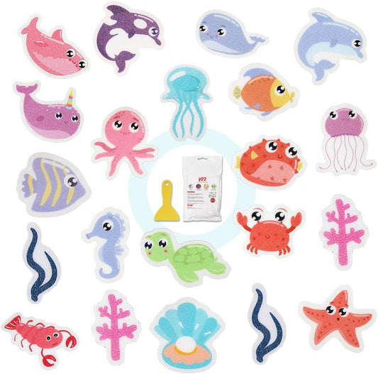21PCS Non Slip Bathtub Stickers, Large Sea Submarine Creature Adhesive Kids Anti Slip Decal Treads for Shower and Bath Tub with Premium Scraper