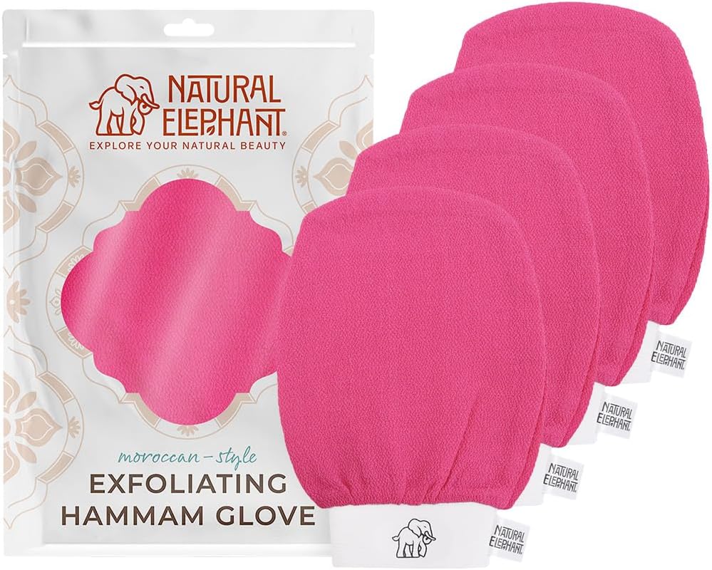 Natural Elephant Exfoliating Kessa Glove - Face and Body Exfoliator Hammam Mitt (Pink Tulip (Pack of 4))