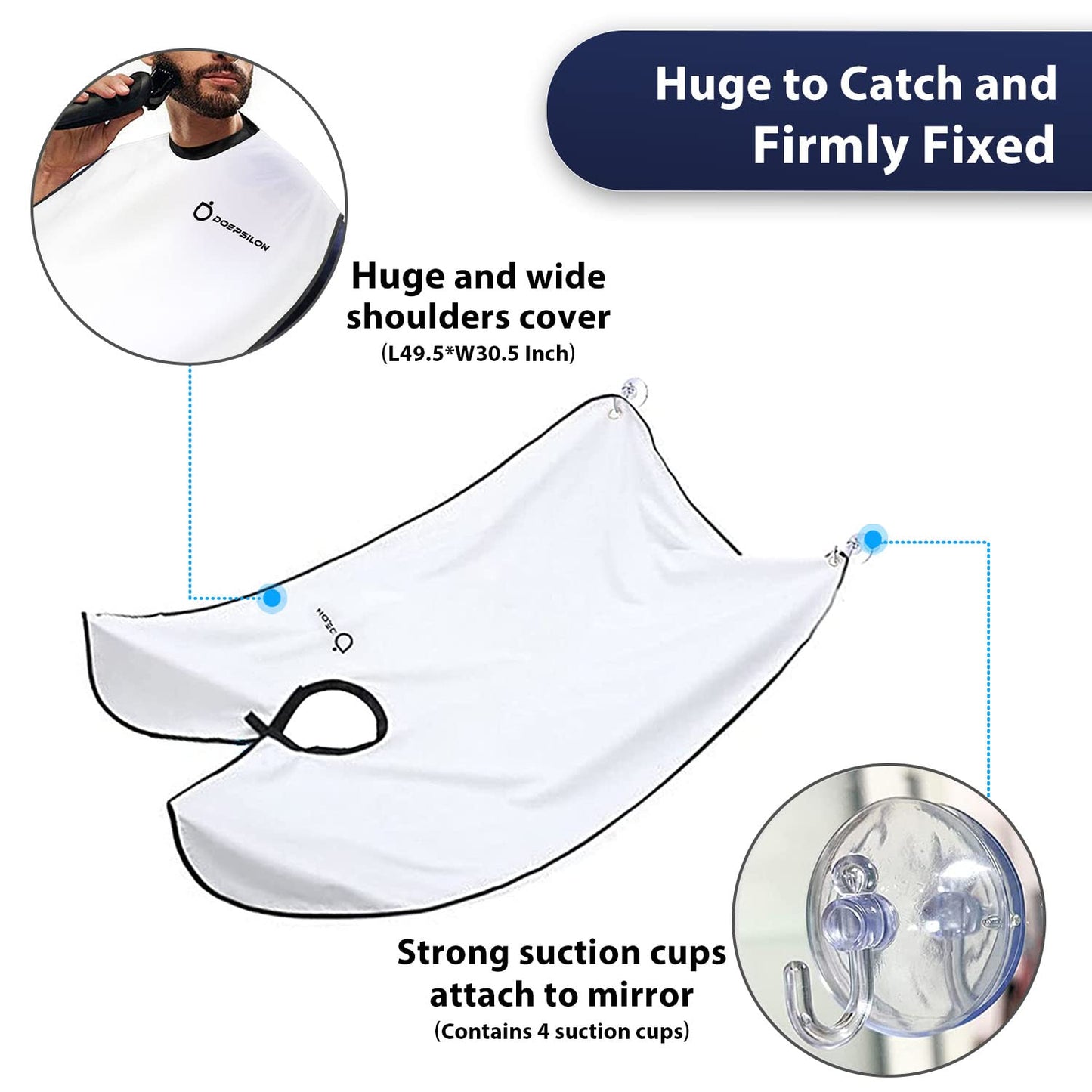 Beard Bib Apron, Beard Bib Hair Catcher for Shaving, Non-Stick Beard Shave Cape with Suction Cups, Grooming Accessories for Men, Gifts for Men Husband Father (White)