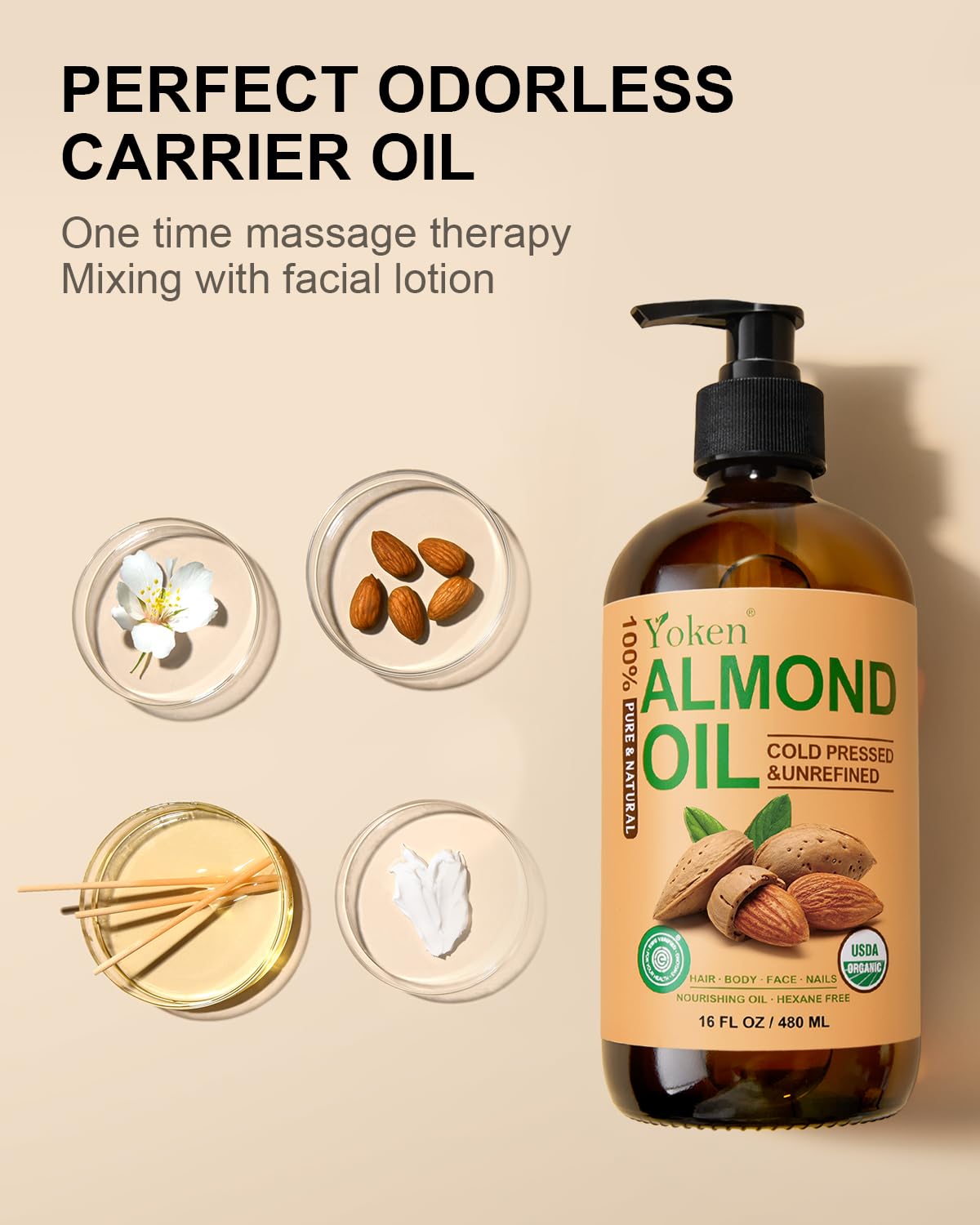 Yoken Almond Oil 16 fl oz 100% Pure USDA Cold Pressed Glass Bottle Almond Oils for Skin Hair & Body Almond Oil for Hair Moisturizer Smooth and Soft Skin - Carrier Oil for DIY Massage Therapy