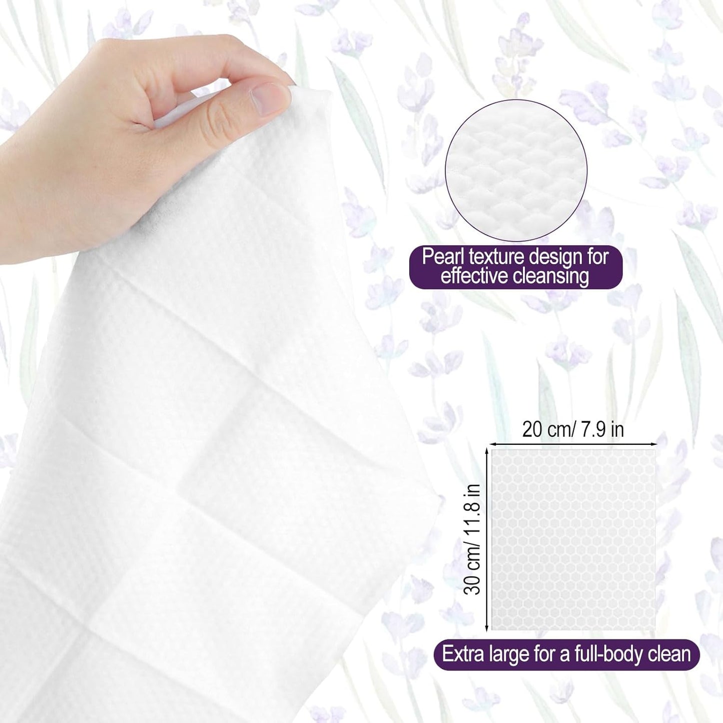 Body Wipes Individually Wrapped, 50 Pack Adult Bath Wipes No Rinse Extra Large Thick (11.8"x7.9"), Suitable for Camping, Gym and Travel, Lavender Scent