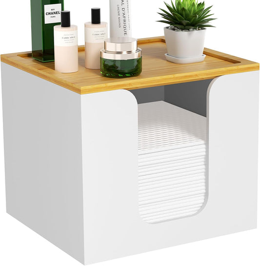 VITVITI Disposable Face Towel Holder Box, Acrylic Facial Towel Container for XL Clean Skin Club, Large Disposable Face Towels Storage with Bamboo Lid, for Bathroom, Vanity Makeup, White