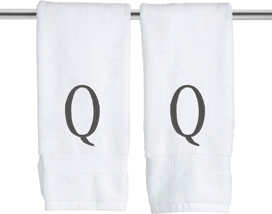 White Powder Room Hand Towel - Monogram Initial Hotel Quality Decorative Embroidered Luxury Towel for Spa - GOTS Organic Certified - Set of 2 Dark Gray Letter Q