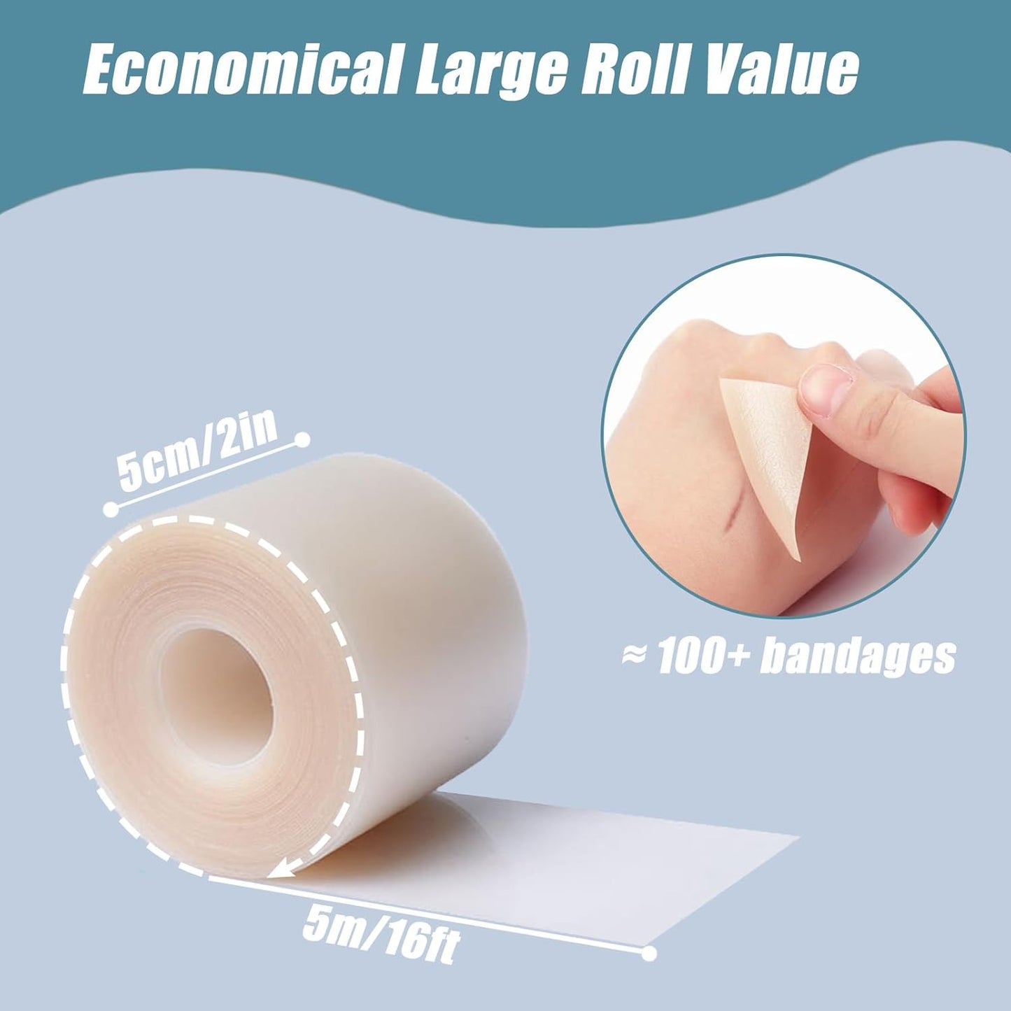 Hydrocolloid Roll for Wound Care - Self-Adhesive Hydrocolloid Bandage 2" x 16.4ft (5cm x 5m), Cut-to-Size, Waterproof, Ultra Absorbent for Blisters, Burns, Acne & Bed Sores
