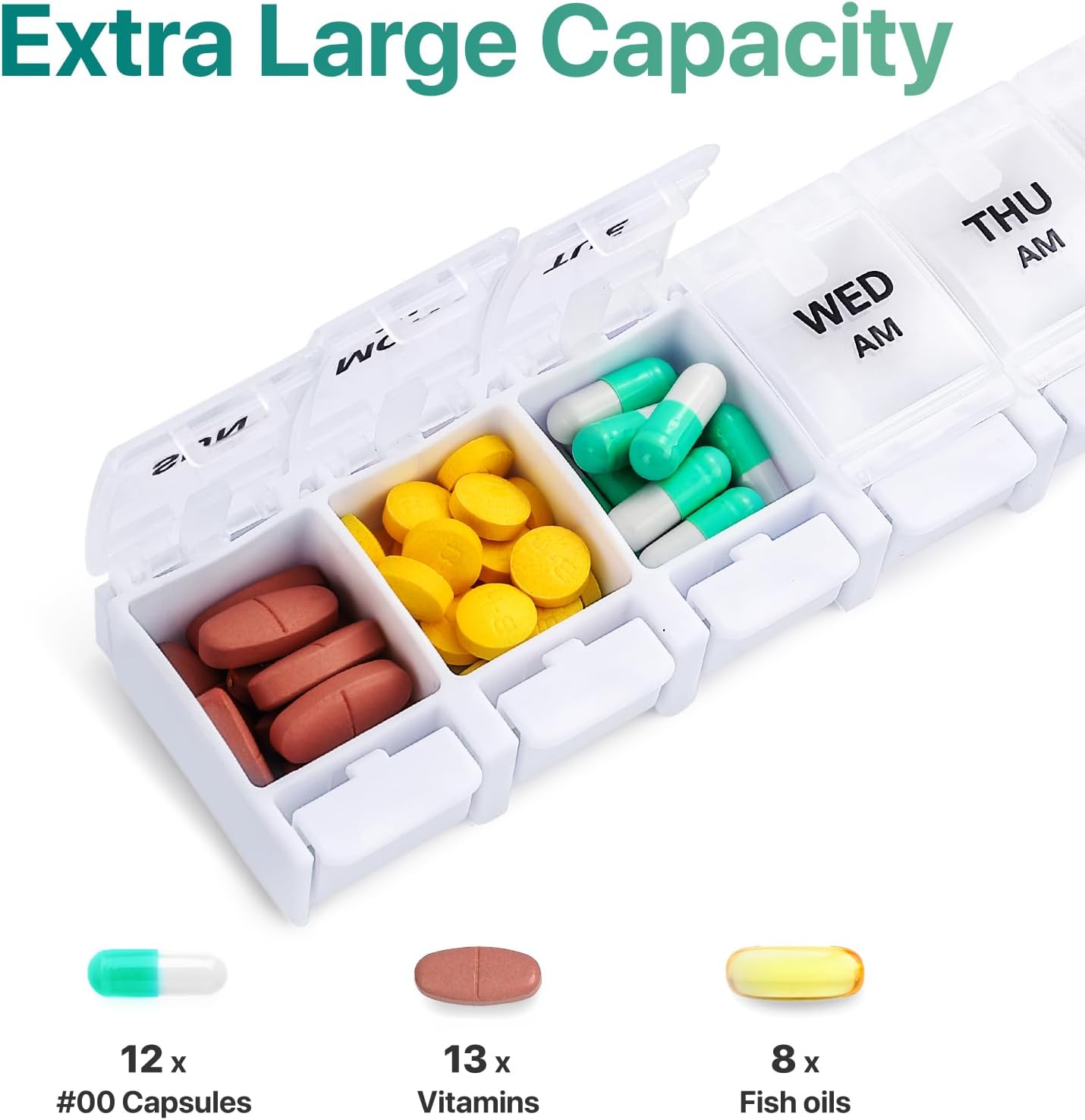 Sukuos AM PM Weekly Pill Organizer 7 Day, 2 Times A Day Medicine Pill Box with Easy Push Button, BPA Free Vitamin Cases for Fish Oil/Supplements (Pink&White)