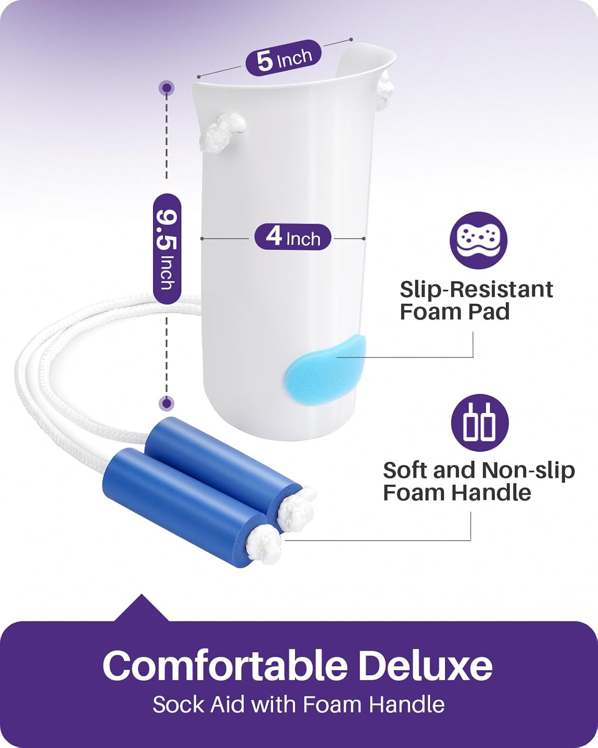 KEKOY 4INCH Sock Aid for Putting on Socks, Sock Assistant Device No Bending with Foam Handles & Long Rope, Sock Helper/Puller Aid Easy Put on for Seniors, Disabled, After Surgery Recovery(White)