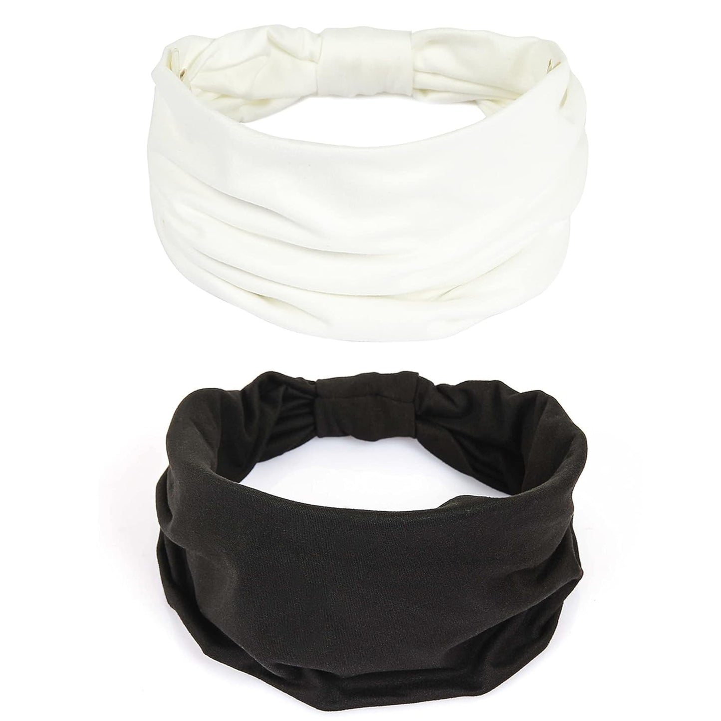 GiLi 2 Pack Wide Headbands for Women Boho African Knotted Non Slip Fashion Hair Bands Yoga Running Sports Workout Gym Head Wraps Elastic Soft Cotton Cloth Turbans Bandana for Girls (White,Black)