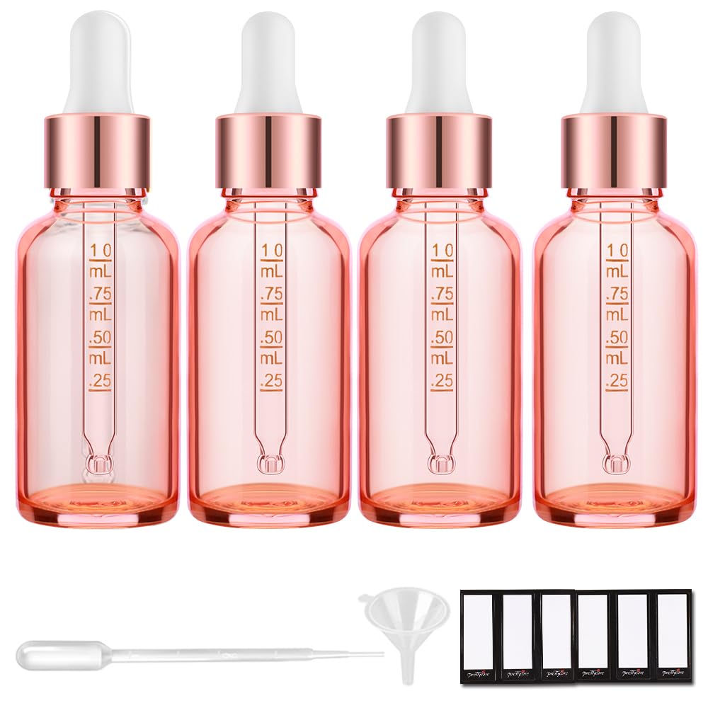 PrettyCare 4 Pack 1oz Dropper Bottles for Essential Oils with Labels, Funnel & Measured Pipettes, 30 ml Leak Proof Rose Glass Essential Oils Bottles- Empty Tincture Bottles for Personal Care & Beauty
