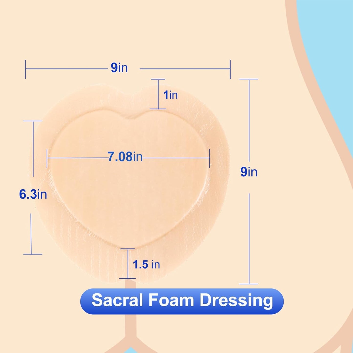 Sacral Foam Dressing 9" x 9" - Border Sacrum Bandage for Bed Sores Pressure, Silicone Adhesive Wound Dressing Pads for Large Wound, 5 Count