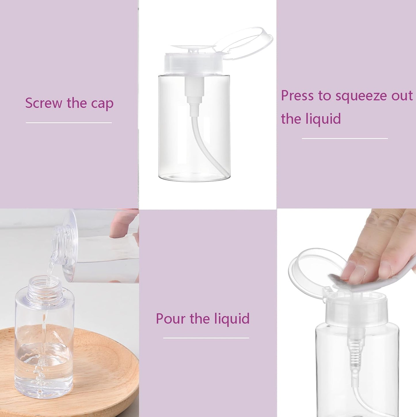 Push Down Pump Dispenser, 5.1oz Clear Pump Bottles with Alcohol, Acetone, Nail Polish Remover, Makeup Remover, Toner Stickers Empty Push Top Container for Liquid (150ml-2Pack)