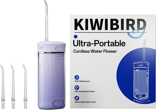 KIWIBIRD Mini Water Flosser for Travel, Ultra-Portable Cordless Oral Irrigator with UVC Light, IPX8 Waterproof 3 Modes, 230mL Teeth Cleaner for Tonsil Stones & Braces Care - Home & Travel (Purple)