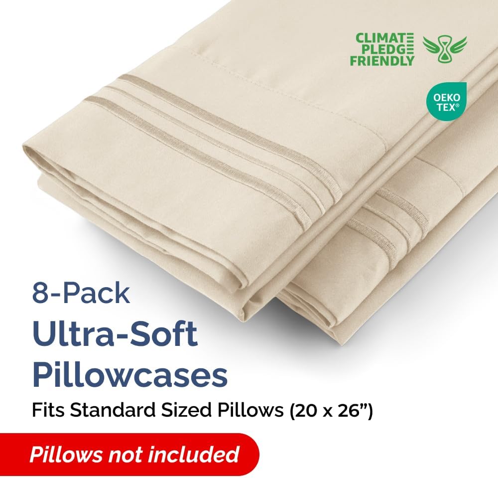 Standard Pillow Cases Set of 8 - Ultra Soft Hotel Quality Pillowcase Covers - Comfy, Cozy & Wrinkle Free - Shrink, Stain and Fade Resistant - Machine Washable Pillow Protectors - 8 Piece Set - Wheat