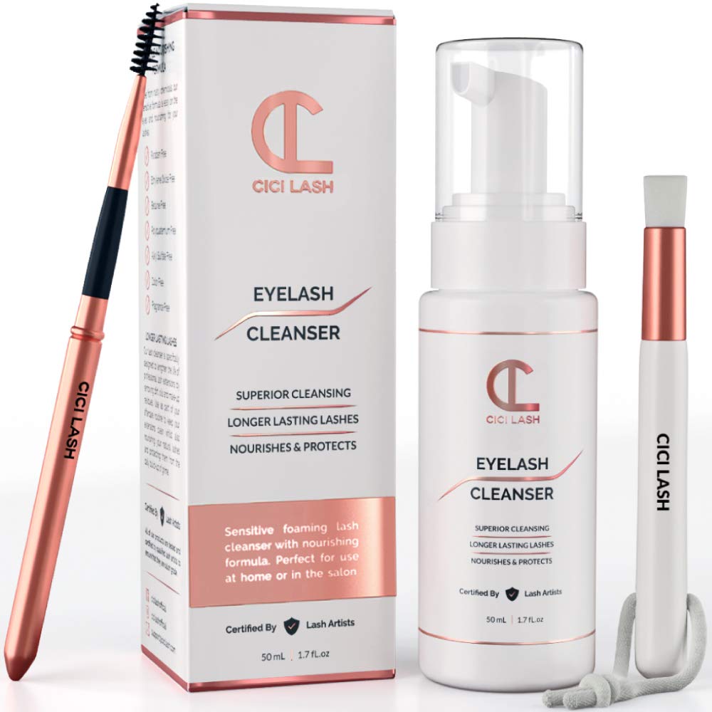 Lash Shampoo Foaming Cleanser & Brush (50ml) | Gentle Foam Wash For Eyelash Extensions | Paraben & Sulfate Free | Eyelid Wash & Makeup/Oil Remover | For Home Care & Beauty Salon Supplies