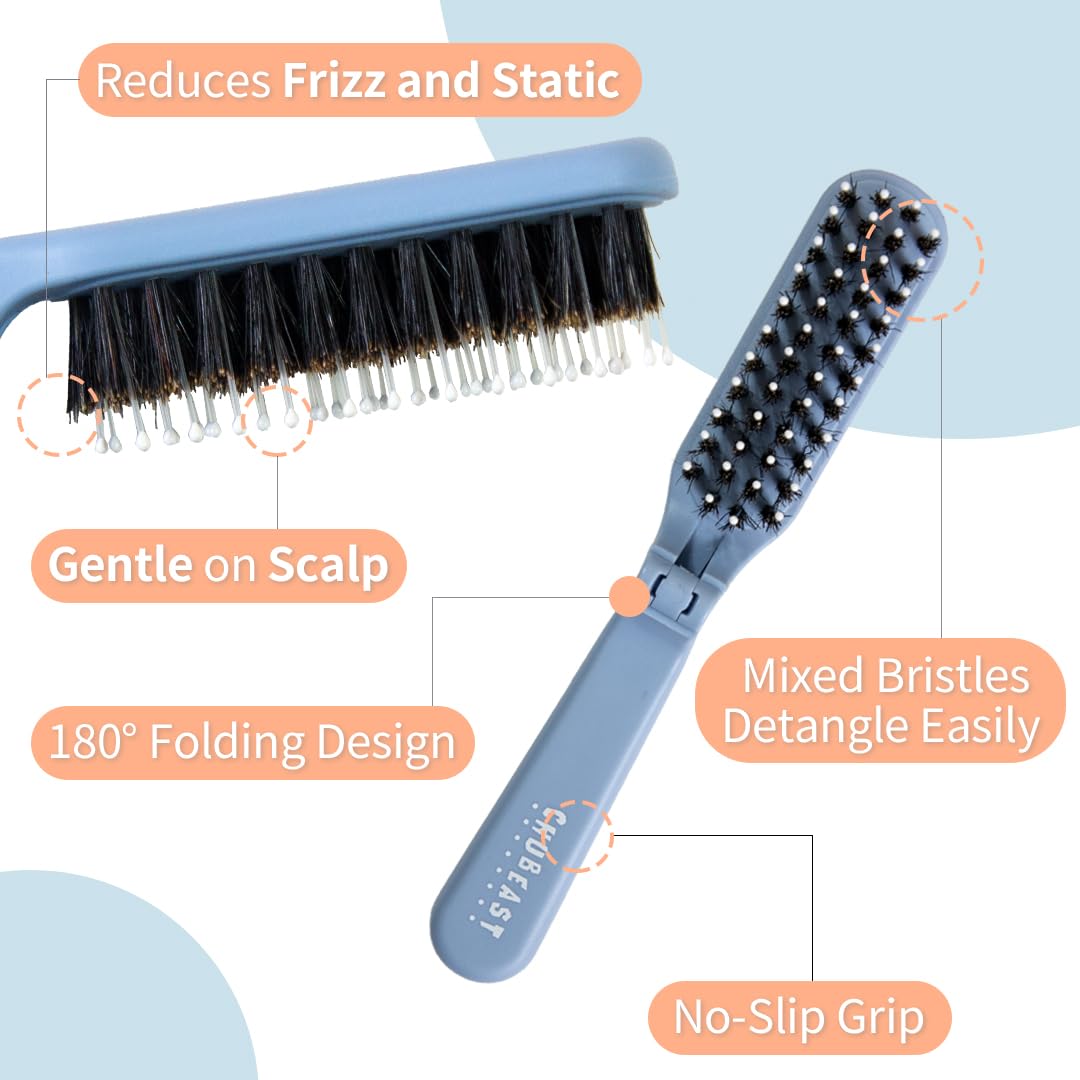 Uffy MiniPop Travel Hair Brush – Mini Folding Boar Bristles for Women, Men & Kids | Kid-Friendly Portable Purse Brush for Wet & Dry Hair, Curly or Straight | Pocket-Size Detangler – Dusty Mint