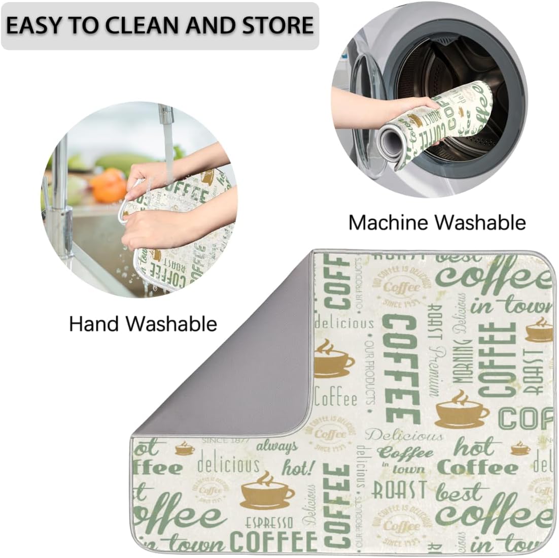 Hexteria Dish Drying Mat for Kitchen Counter, Absorbent Coffee Bar Mat, Dish Drainer Rack Mat, Green