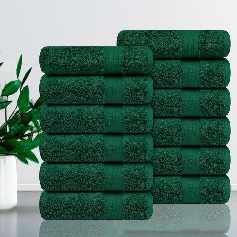 Ample Decor Hand Towels 18 X 28 Inch Pack of 12 600 GSM 100% Cotton, Soft Absorbent Thick Durable Premium Quality, for Hotel, Bathroom, Spa, Daily Use, Gym - Green
