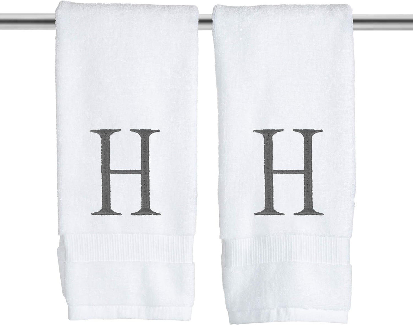 White and Dark Gray Monogrammed Hand Towel - Monogram Initial Hotel Quality Decorative Embroidered Luxury Towel for Powder Room, Spa - GOTS Organic Certified - Set of 2 Letter H
