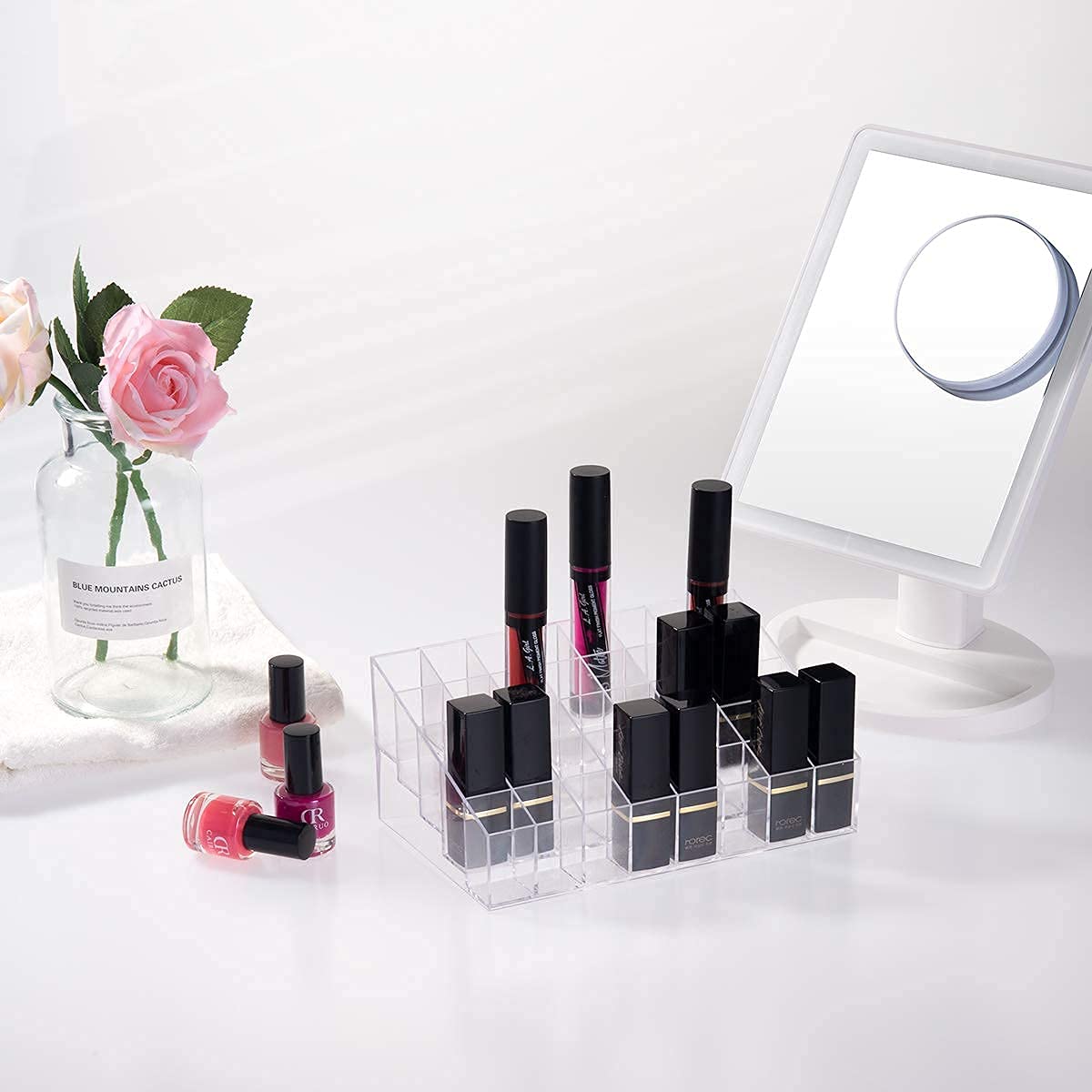 Benbilry Acrylic Lipstick Organizer, 40 Slot Display Rack - 8 x 5 Arrangement, Holds Lipstick, Brushes, Bottles & More