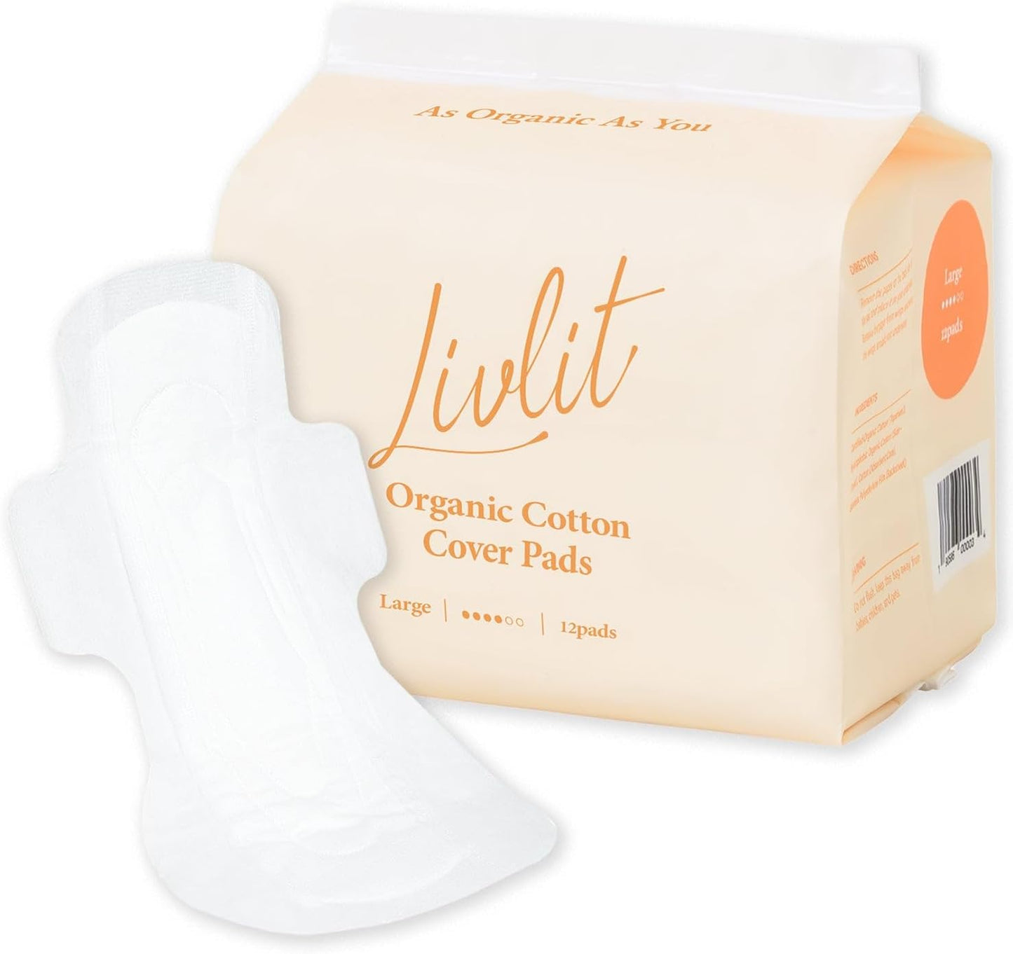 Livlit Large Size Ultra Thin Sanitary Pads, 100% Organic Cotton from Texas, Powerful Leak Protection, Unscented, Chlorine Free and Absorbency of Feminine Periods, Pads for Women (12 Count)