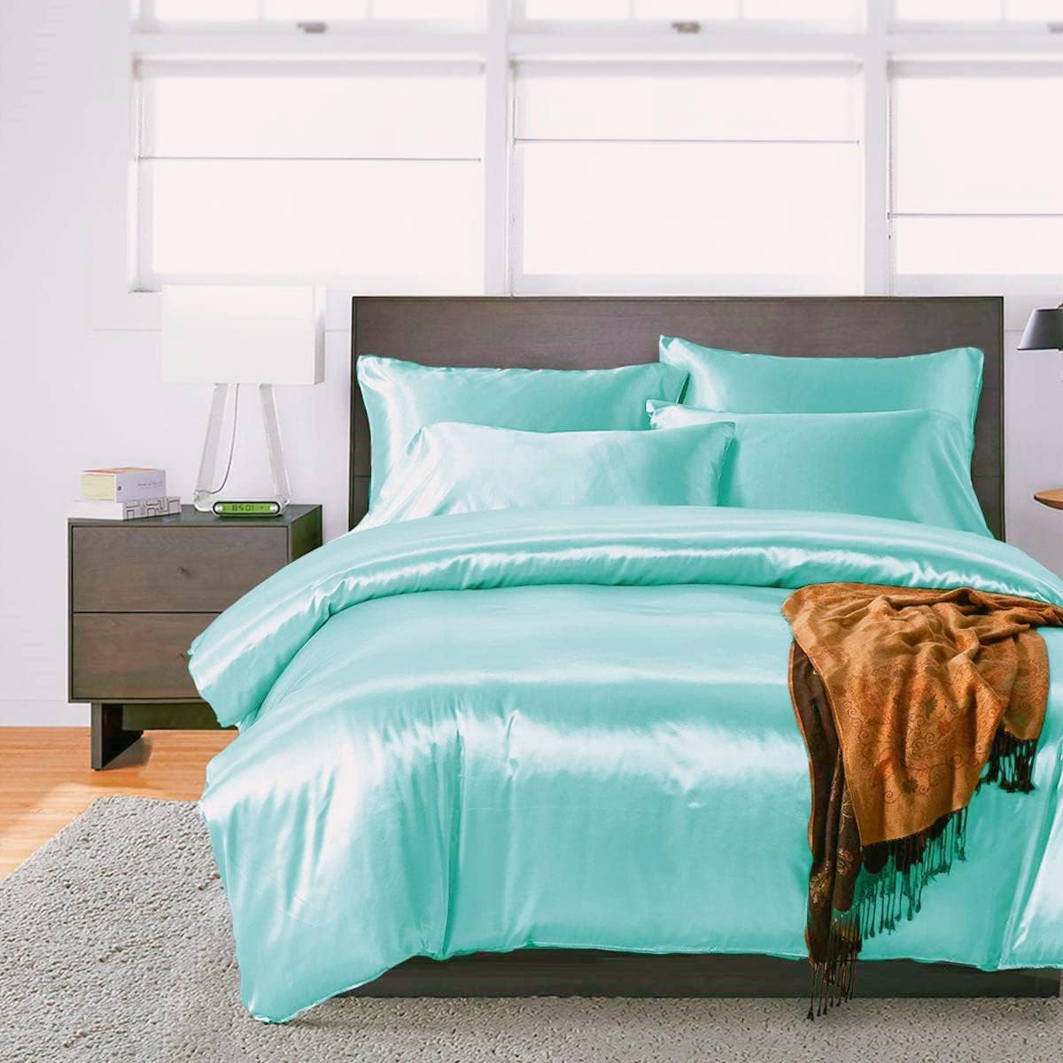 Juwenin Bedding,Super Soft and Luxury Silky Satin Pillowcase with Zipper (Silky Satin Pillow Case for Hair) Set of 2 (Aqua, Queen(20''x29''))