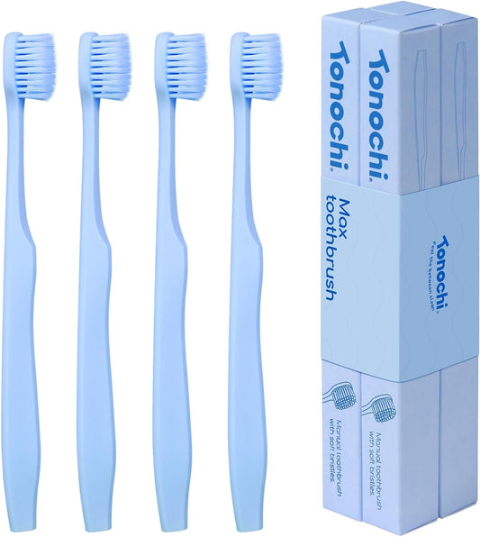 Max Extra-Soft Toothbrush for Adults Sensitive Gums – Gentle Bristles, Wide Angled Head for Back Teeth, Ergonomic Non-Slip Grip, BPA-Free Handle, Individually Wrapped, 4-Pack(Blue)