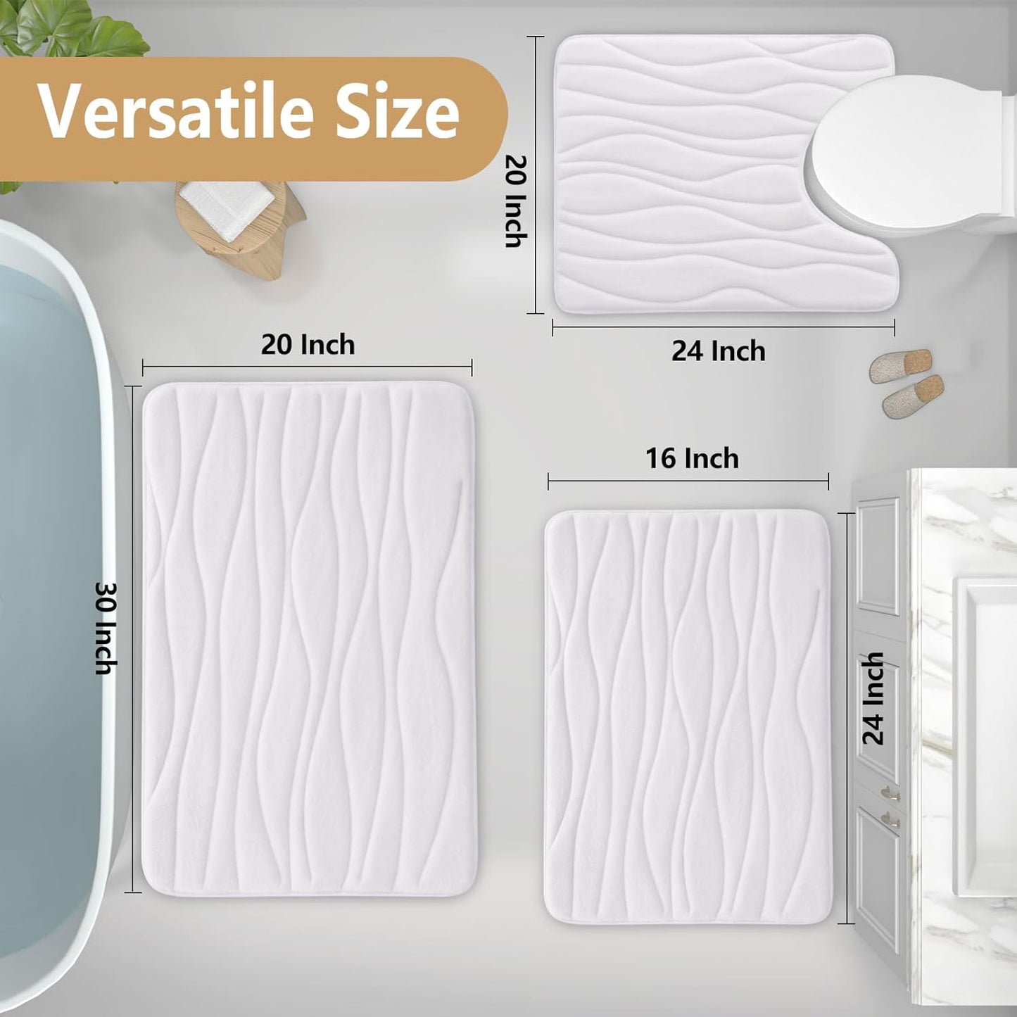 Buganda Memory Foam Bathroom Rug Mat 24x16, Extra Soft and Absorbent Bath Mats, Non-Slip and Machine Washable Bath Rugs for Bathroom Floor,Tub and Shower, White