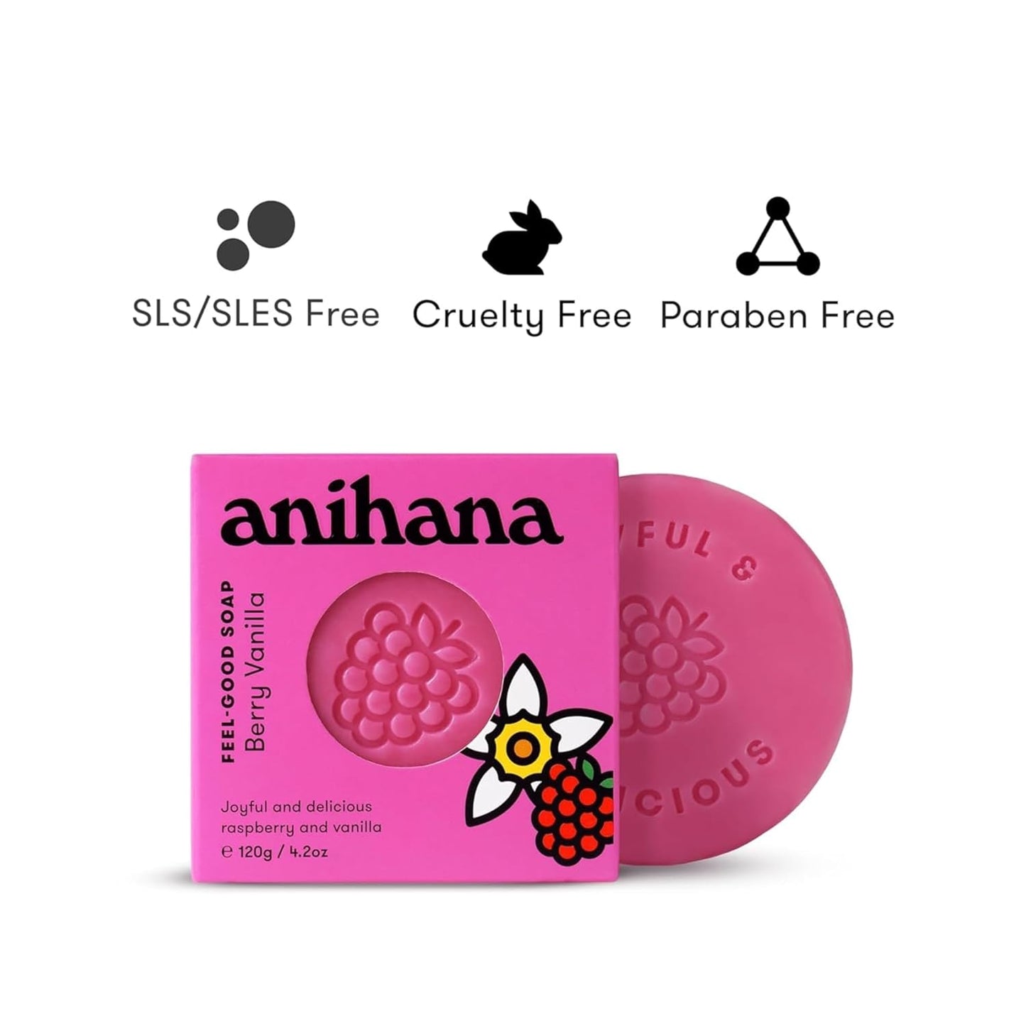 ANIHANA Feel-Good Soap 3 Pack with Coconut Oil and Shea Butter, Gentle Cleansing, Paraben Free, Cruelty Free, Refreshing Berry Vanilla Scent, 4.2 oz each