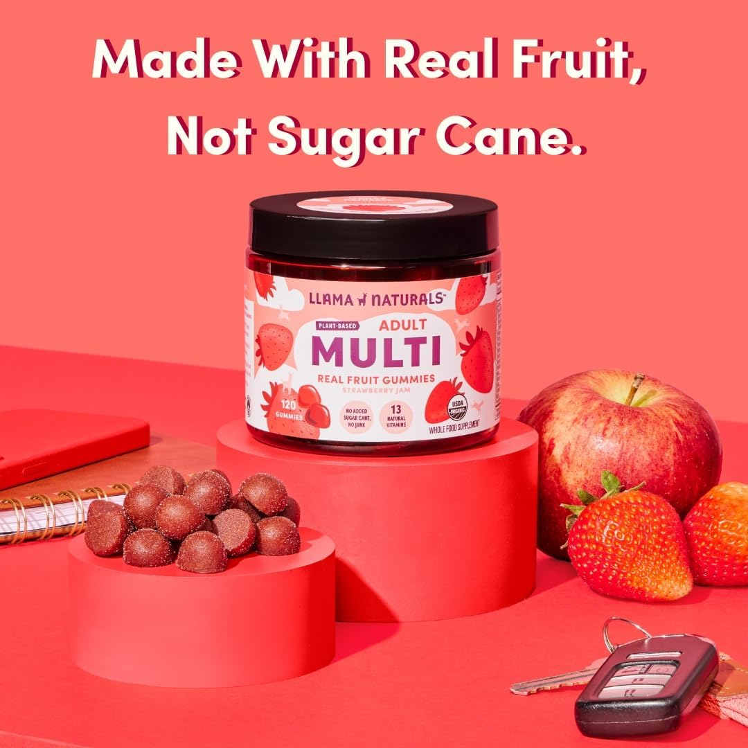 Llama Naturals Multivitamin for Women & Men, Vegan, Organic Gummies with Vitamin D, C & K, Adults Real Fruit Gummy Vitamins, Chewable Multivitamin Supplement, No Added Sugar Cane, Strawberry, 120 Ct