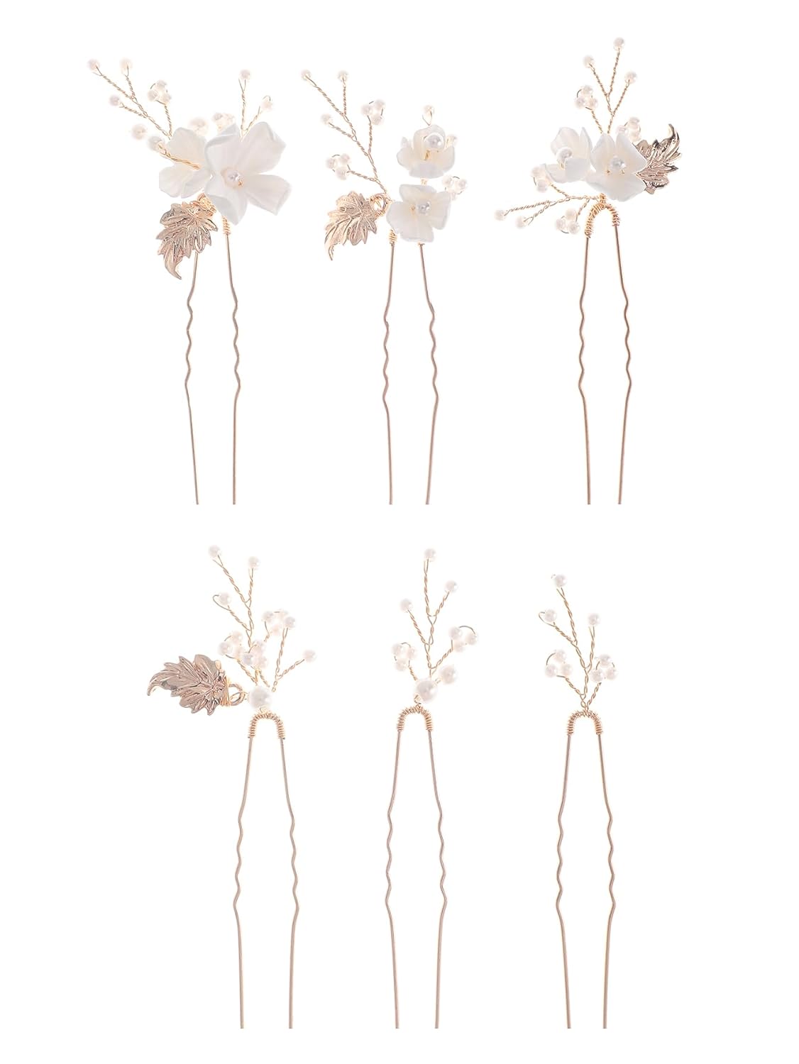 Handmade Pearl Bridal Wedding Hair Pins 6Pcs White Flower Gold Leaf Pearls Clips Bridal Hair Accessories for Women Brides Bridesmaid