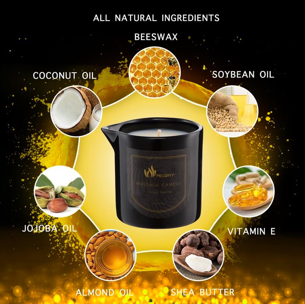 MELONY Massage Oil Candle for Pure Relaxation- 8.1 oz- Moisturizing Essential Oil Body Massage Candle for Home Spa- Amazing Gift for Women & Men (Classic Vanilla)