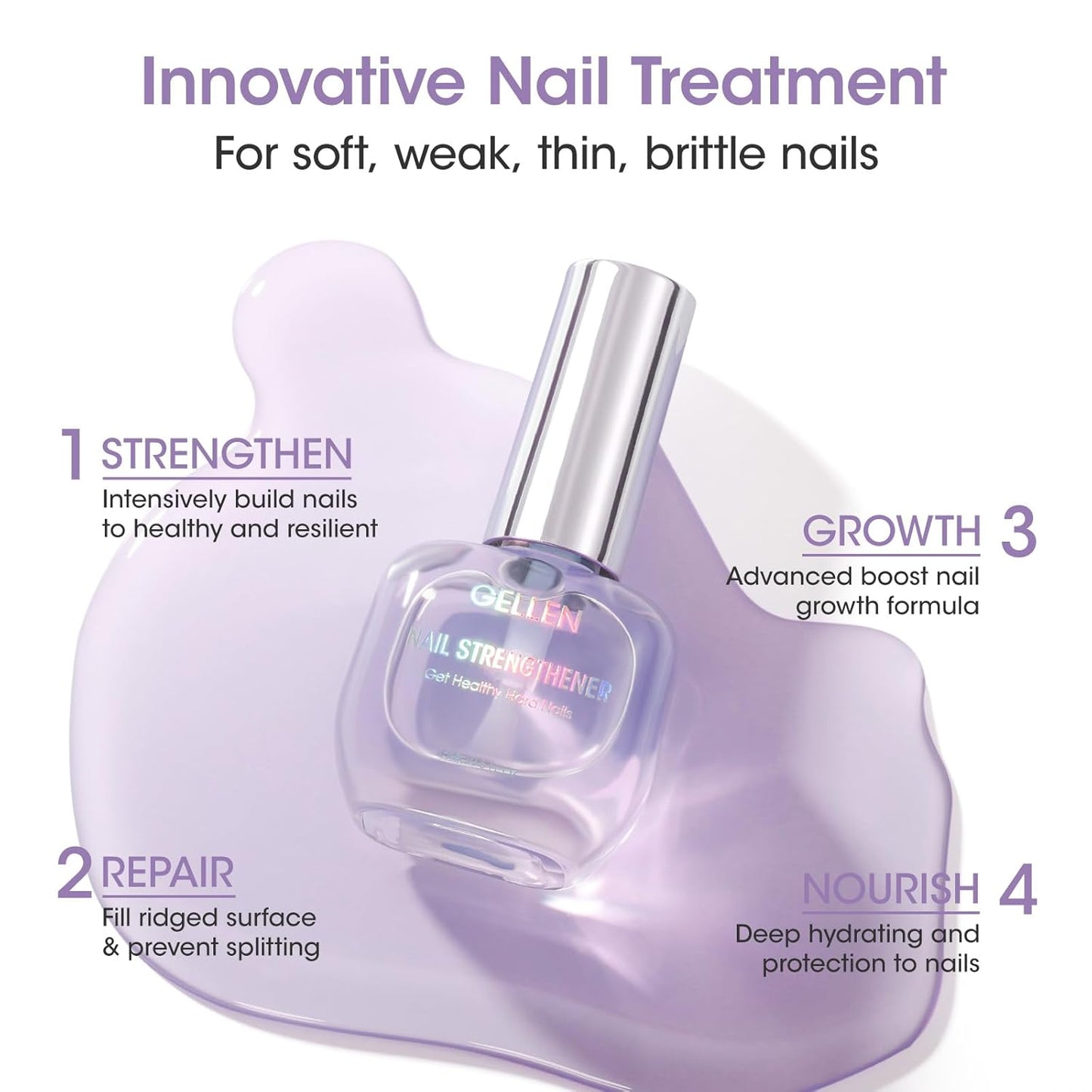GELLEN Nail Strengthener, 8-In-1 Nail Repair Growth Protein Serum for Thin Weak Brittle Imperfect Nails, Non Polish, Air Dry Calcium Keratin Nourish Ridge Filler Nail Care, Lavender Scent