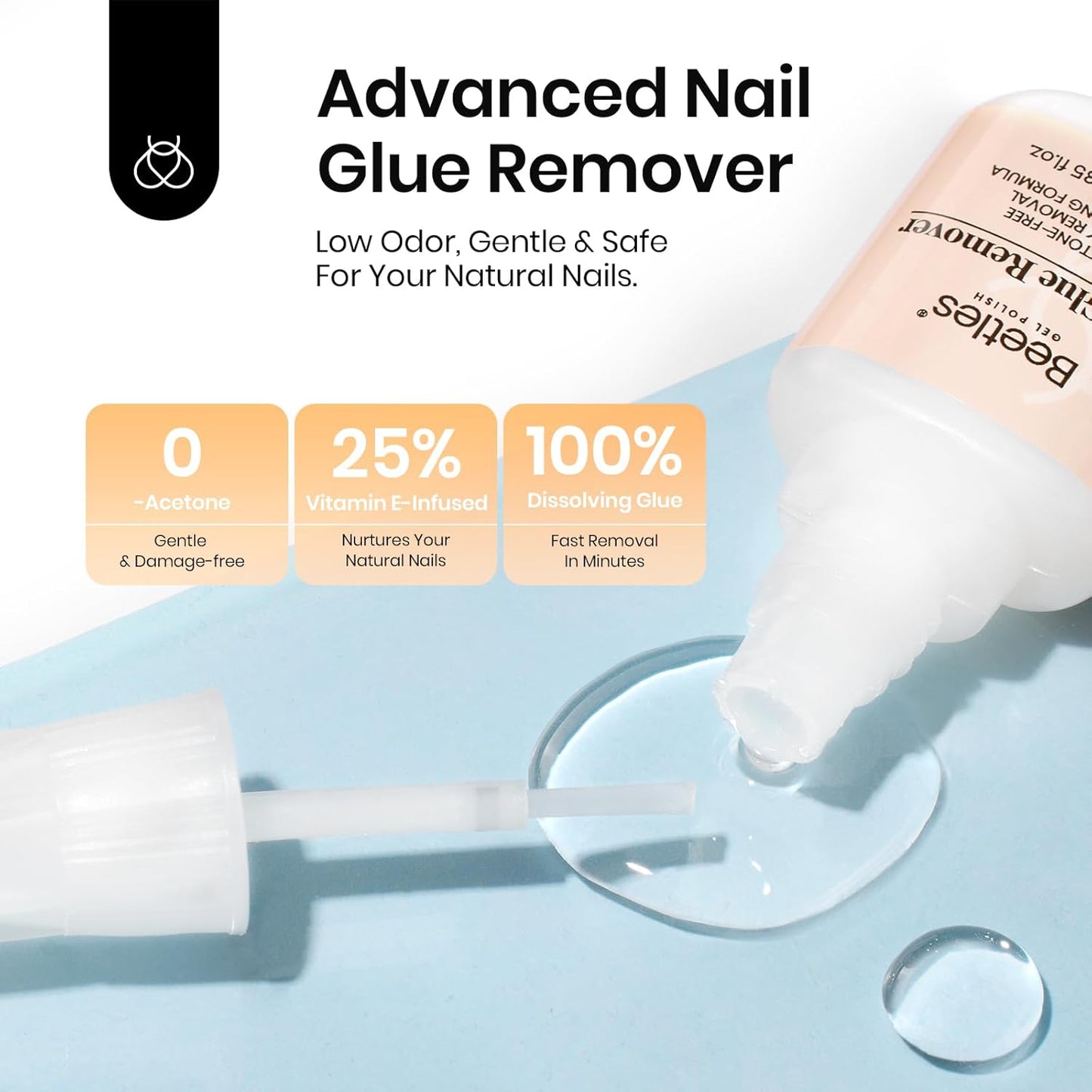 Beetles Nail Glue with Glue Remover Kit, 2 * 10ML Super Strong Easy to Remove Off Fake Nails Adhesive Remover with Cuticle Pusher