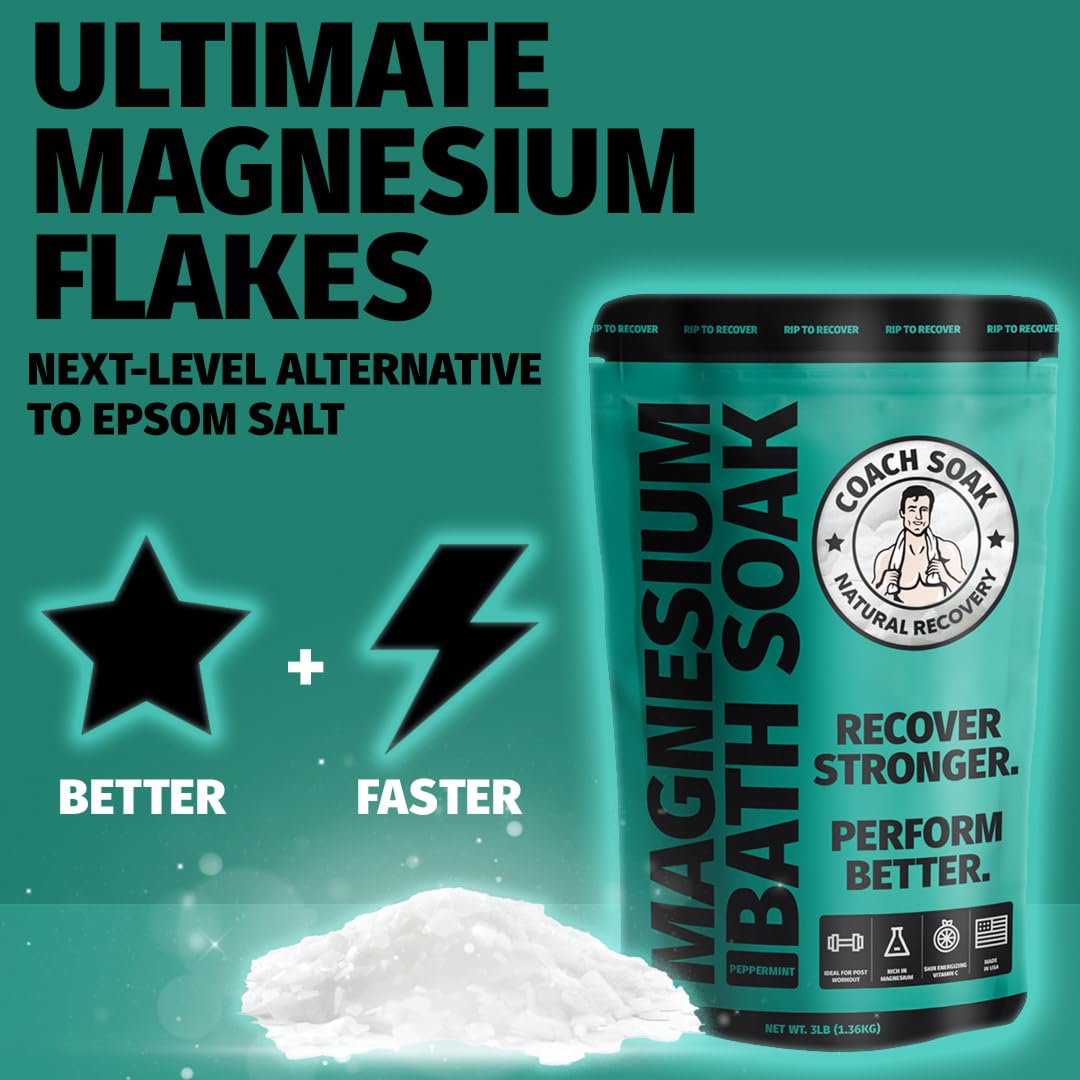 Coach Soak Magnesium Bath Soak Bundle - Bath Flakes with Peppermint & Vitamin C, Oil Spray & Cooling Lotion with MSM - (3 Pack) - Cooling Peppermint