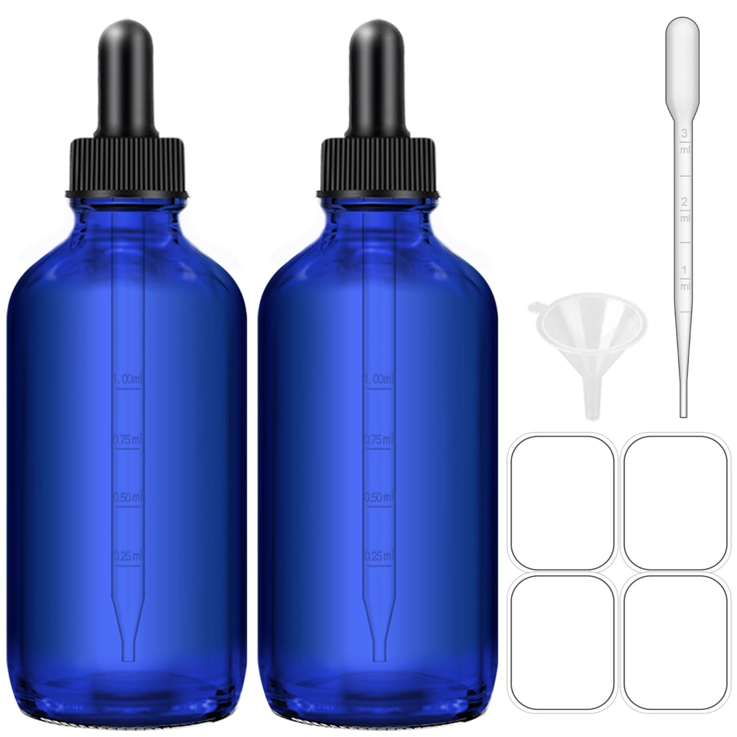 Bumobum Dropper Bottles, 4oz Blue Bottle with Dropper for Essential Oils with Funnel, Labels & Pipette, 2-Pack Tincture Bottles with Dropper(Unbreakable Plastic Eye Dropper)