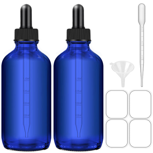 Bumobum Dropper Bottles, 4oz Blue Bottle with Dropper for Essential Oils with Funnel, Labels & Pipette, 2-Pack Tincture Bottles with Dropper(Unbreakable Plastic Eye Dropper)