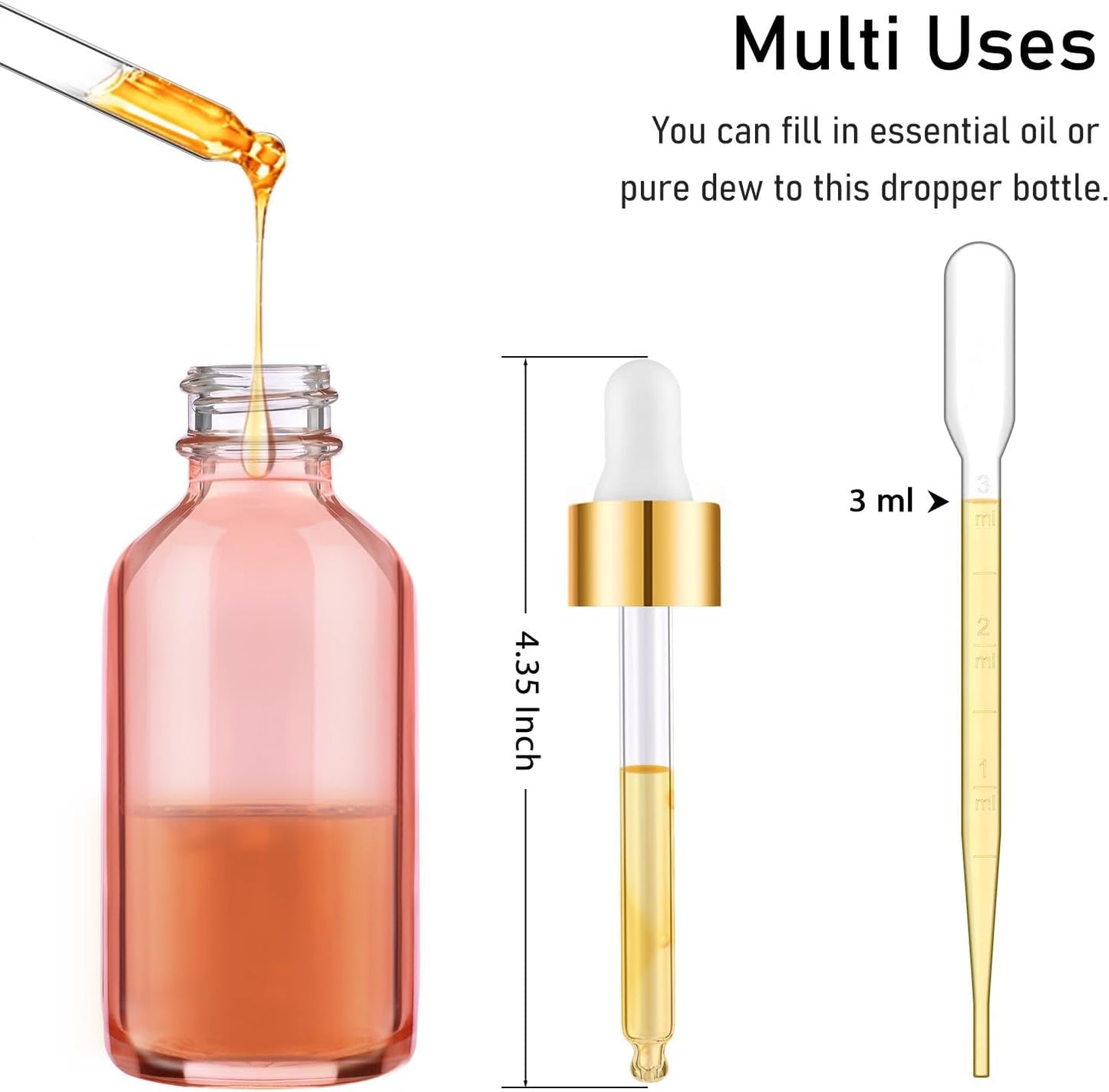 Bumobum 2 oz Dropper Bottle, 24 Pack Pink Glass Eye Dropper Bottles with Golden Top Cap for Essential Oils, Tincture Bottle with Labels and Funnel