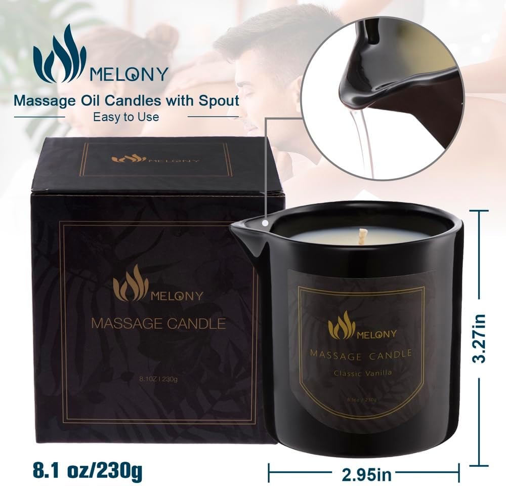 MELONY Massage Oil Candle for Pure Relaxation- 8.1 oz- Moisturizing Essential Oil Body Massage Candle for Home Spa- Amazing Gift for Women & Men (Classic Vanilla)