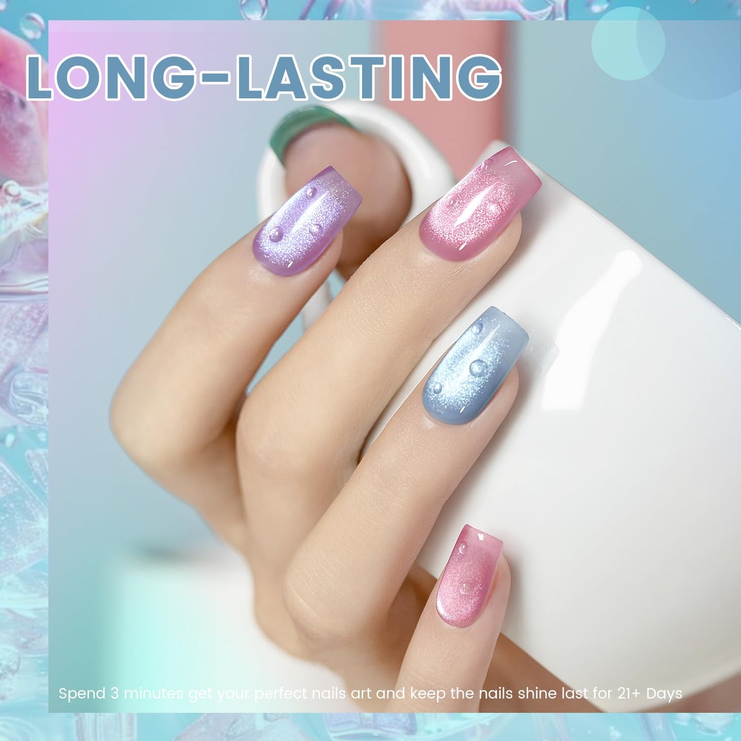 RARJSM Glass Jelly Cat Eye Gel Nail Polish Set 6pcs Reflective Sparkly Diamond Glitter Nude Pink Lake Blue Green Purple Clear Cateye Gelpolish with Magnet Stick 7.5ml Curing Requires for Home Salon