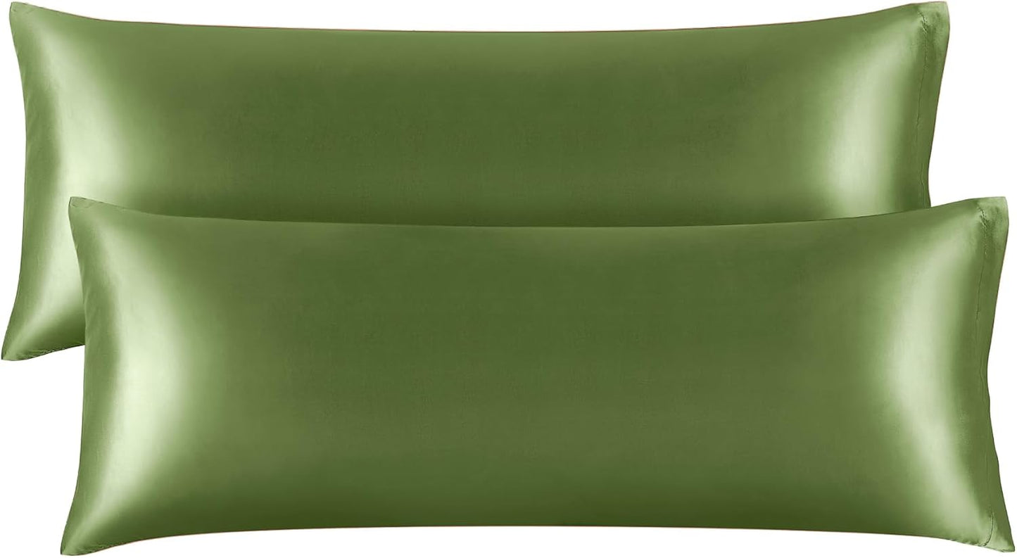 BEDELITE Satin Body Pillow Cover 2 Pack, Super Soft and Cooling Body Pillow Pillowcase for Hair and Skin, Breathable Silky Full Long Pillowcase Cover(20"x54", Cedar Green)