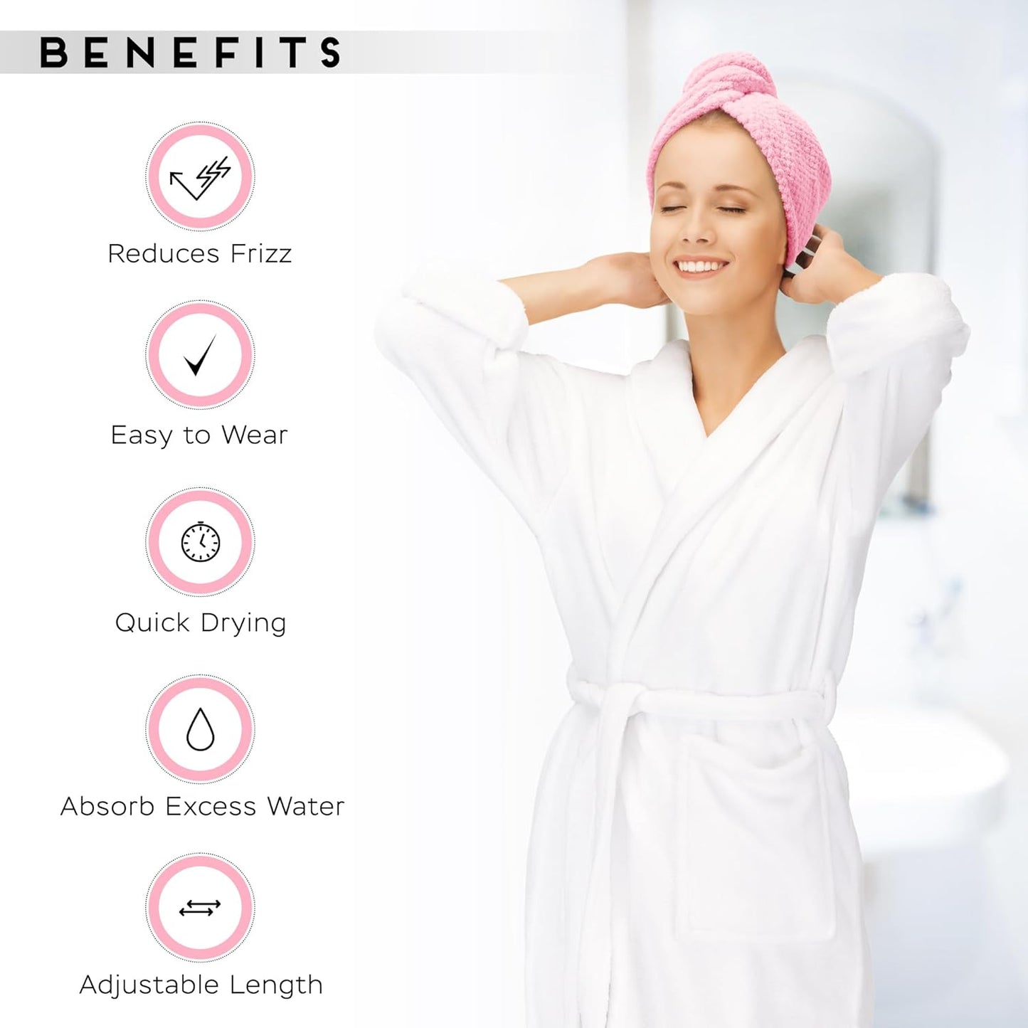 2 Pack Microfiber Hair Towel Wrap for Women, Anti Frizz Quick Drying Hair Turban for All Hair Style, Absorbent and Lightweight (Pink)