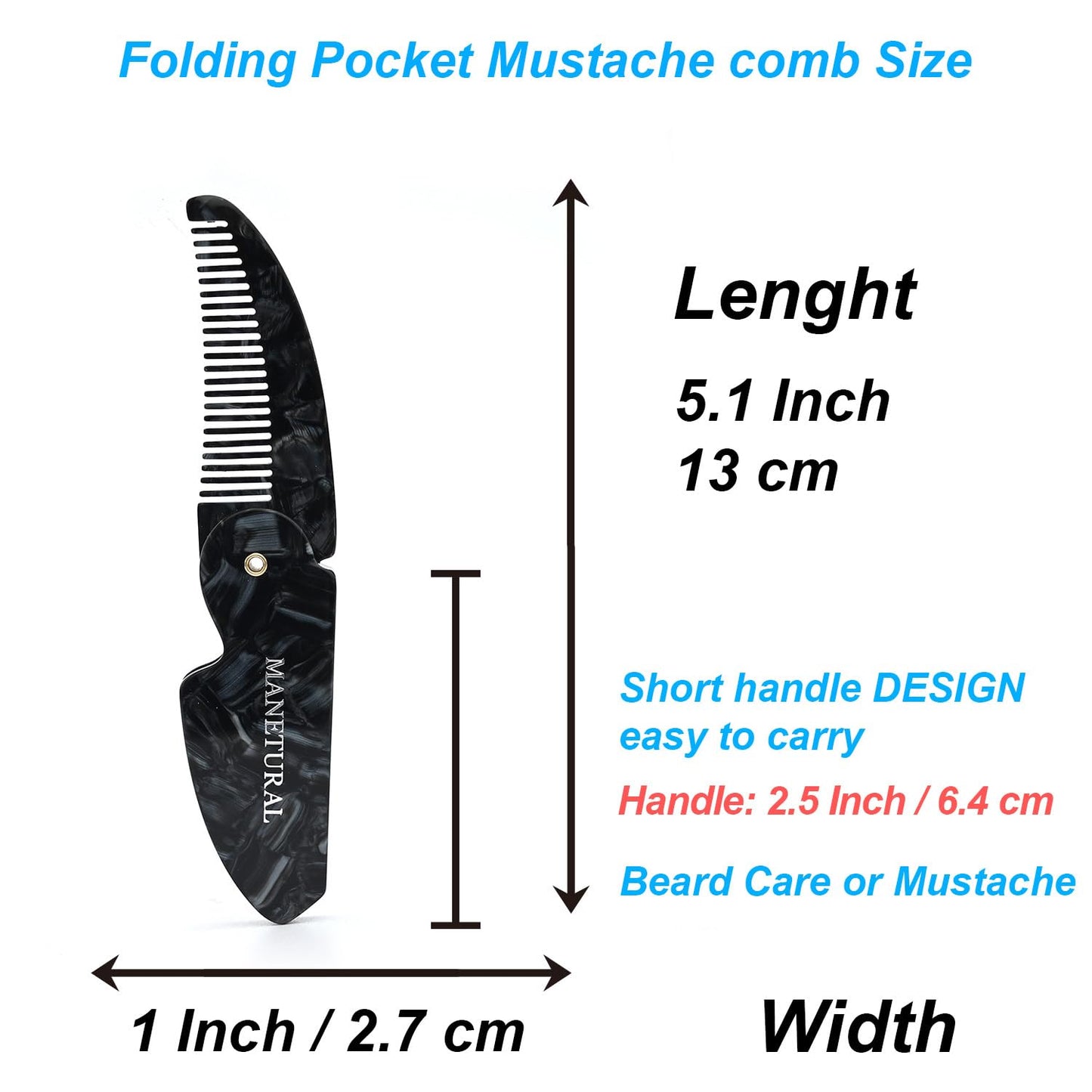 60L Handmade Saw-Cut Folding Mustache Comb - Premium Quality Pocket Comb for Perfect Moustache Styling (Small) (BLack, 1 PACK)