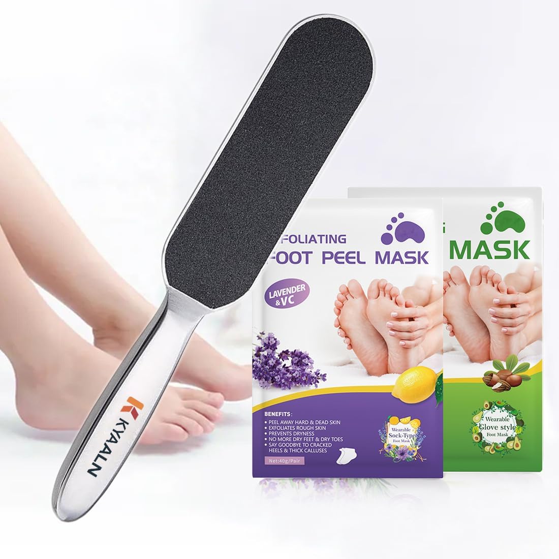 Professional Stainless Steel Foot File & Rasp Callus Remover - Remove Hard & Dead Skin, Dual Sided for Wet and Dry Feet, Innovative Pedicure Solution with 2pcs Foot Mask Set